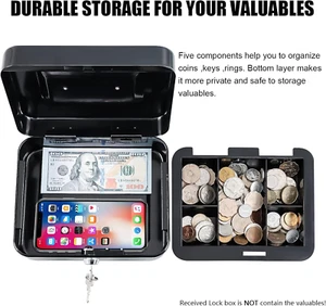Medium Cash Box with Money Tray,Small Safe with Key,7.87"x 6.30"x 3.54" Black - Picture 1 of 12