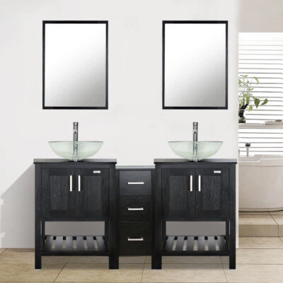 Juego de tocador de baño negro 60" armario vidrio templado transparente grifo lavabo Foto 1 de 4