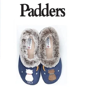 Womens Padders Slippers Anna, Cats Motifs With  Faux Fur Trim. Size 3,4,5,6,7,8 - Picture 1 of 5