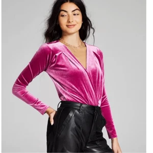 And Now This pink velvet long sleeve bodysuit NWT v-neck surplice 1X - Picture 1 of 15