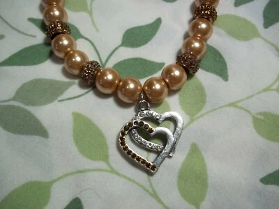 Pulsera hecha a mano de 7 1/2 pulgadas con perlas de vidrio bronceado y cuentas de cristal elástico C-3 Foto 1 de 4