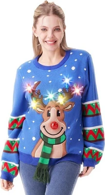 Adult LED Light Up Christmas Ugly Sweater with Light Bulbs, Blue Reindeer - Image 1 of 4