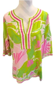 Túnica Gretchen Scott Designs Cuello Dividido Rosa/Lima Tropical Preppy Crucero Talla XL - Imagen 1 de 8