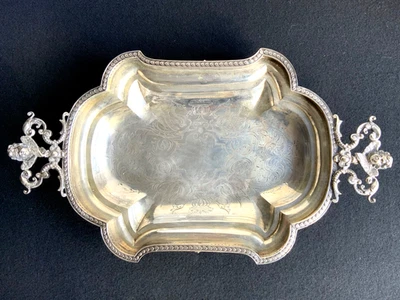 Antique Austrian 19th C Cherubs Angels Figural Handles Silver Tray w/Cranes/Fish - Image 1 of 4