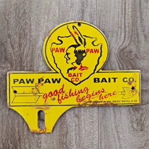 VINTAGE PAW PAW BAIT CO ANGELN BEGINNT HIER PORZELLAN EMAILLE METALLSCHILD 6" x 4" - Bild 1 von 6