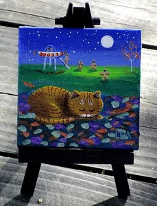 UFO Ginger Tabby Cat Painting Mini 3x3 Fall Canvas with easel Creationarts - Picture 1 of 3