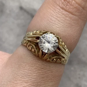 Scroll Detail Vintage Solitaire Gypsy Ring 9ct 375 Yellow Gold - Size M - Picture 1 of 10