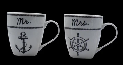 Juego Pfaltzgraff-2 tazas de café grandes Mr. & Mrs. Anchor & Wheel tema náutico Foto 1 de 4