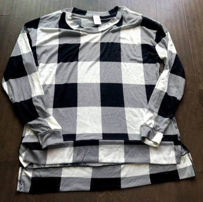 Hacci Sleep Shirt Super Soft Long Sleeve Plaid Black White Women's Large 12-14 - Image 1 of 4