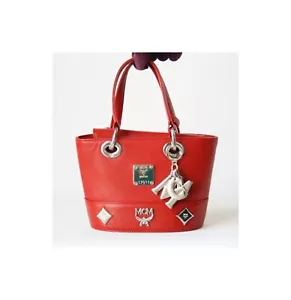 MCM Red Leather Small Bucket Tote Bag with Keyring - Picture 1 of 10