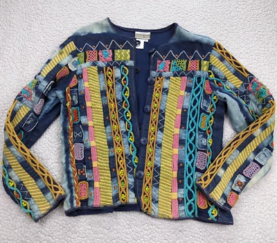 Chaqueta Coldwater Creek para mujer mediana amarilla azul adornada bordado blanqueador Foto 1 de 4