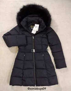 Barbour Women's Oykel Faux Fur Trim Hooded Belted Puffer Coat, Black, US Size 4 - Picture 1 of 14