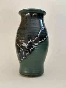 Studio Art Pottery Vase Signed 8” Green Black Drip Glaze - Picture 1 of 24