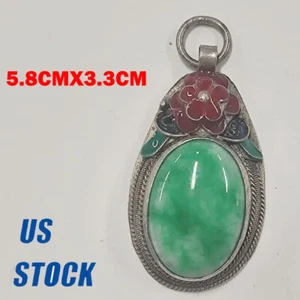 1X Rare Antique Chinese Silver Enamel Mosaic Jade Pendant Jewelry Gift USA - Picture 1 of 9