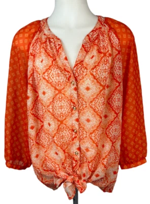 KUT from the Kloth Women's XL Orange Diamond Print Accent Button Tunic Blouse - Image 1 of 4