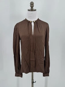 Blusa Top Diane von Furstenberg Marrón Seda 6 Cuello Cerradura Manga Larga - Imagen 1 de 5