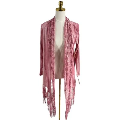 One World Womens Open Cardigan Small Pink Lace Fringe Boho Festival Princess - Image 1 of 4