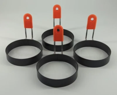 EGG RINGS Frying Set of 4 Nonstick Round Cooking Molds Orange Silicone Grips - Image 1 of 4
