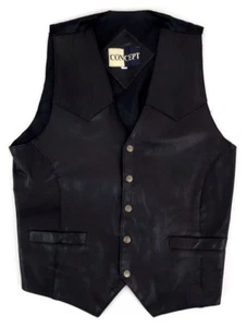 Concept Vest Black Genuine Leather Mens M Vintage Snap Button Waistcoat - Picture 1 of 7