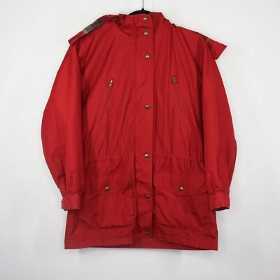 Eddie Bauer Jacket Womens Sz Small Red Hooded Plaid Wool Lining Cinch Waist VTG - Image 1 of 4
