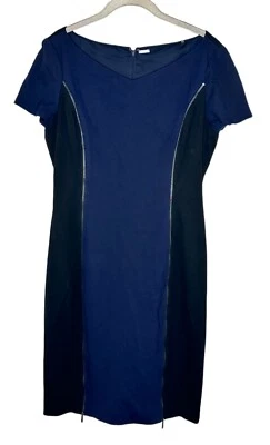 ELIE TAHARI Blue Black Ponte Stretch Zipper Detail Sheath Dress Size 10 - Image 1 of 4