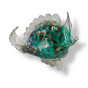 Hand-Blown Art Glass Fish Sculpture - Aqua Green with Gold Flecks, Vintage Colle - Picture 1 of 9