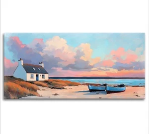 Scottish Beach Cottage Canvas Wall Art Print Framed Coastal Painting Picture 3 - Picture 1 of 6