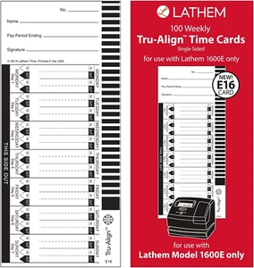 Tarjetas de tiempo Lathem Trualign E16 para 1600E, semanales, de 1 cara, 4" X 9", blancas - Imagen 1 de 5