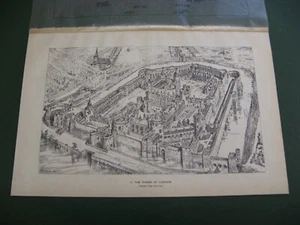 LONDON THE TOWER FROM THE SOUTH BIRDS EYE MAP BY H BREWER C1924 VGC - Picture 1 of 2