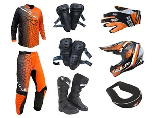 Adult MX Wulfsport CONNECT Shirt Pant Armour Boot Glove Helmet Orange Set #10 - Picture 1 of 9