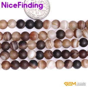 Natural Round Frost Matte Stripe Agate Onyx Stone Beads For Jewellery Making - Picture 1 of 25