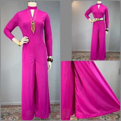 Vtg 70s Jumpsuit Deep Hot Pink Princess Seams Wide Leg Keyhole Lounge Lingerie - Image 1 of 4