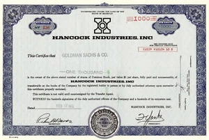 Hancock Industries Inc., Michigan, 1972 (1.000 Shares) Goldman Sachs - Bild 1 von 2