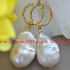 Natürlich 15-20mm Weiß Barock-Tropfen Keshi Perle Gold Baumeln Ohrring - Bild 1 von 12