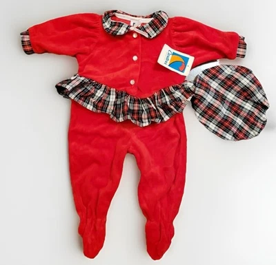 Vtg Carters Red Velour Outfit 6 Mos Baby 2pc Plaid Beret USA Holiday Bodysuit - Image 1 of 4