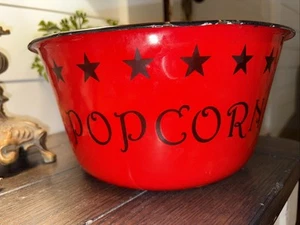 Red Popcorn Bowl Enamelware 9 3/4”Diameter Farmhouse Retro Look Decoration - Picture 1 of 5