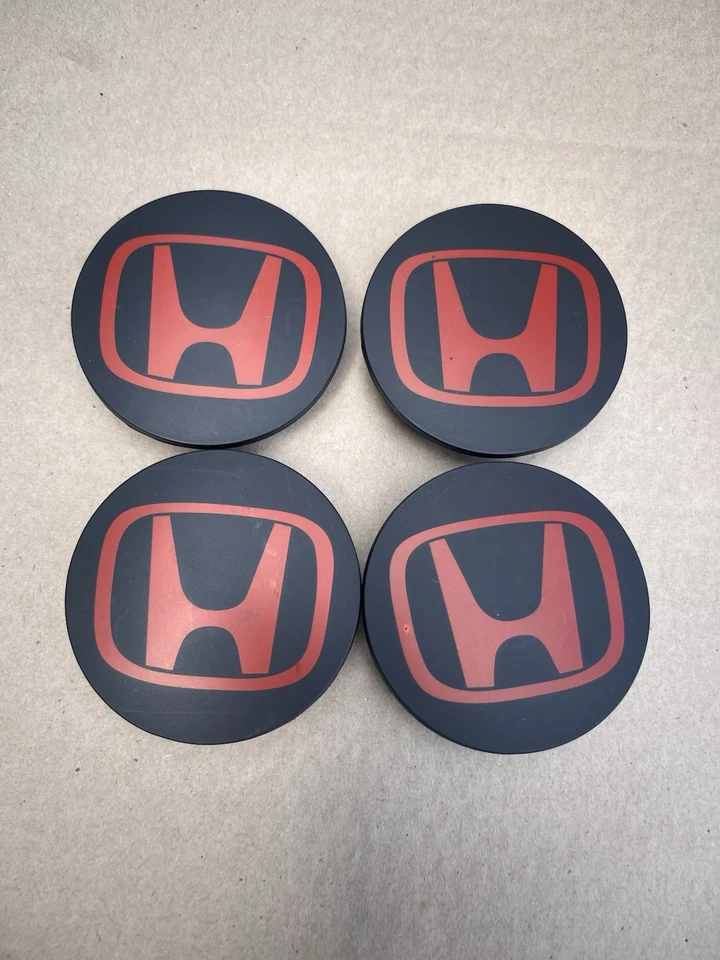 4x HONDA Set Of Black-Red Wheel Center Caps 69MM - - Satisfaction Guaranteed - Image 1 of 4