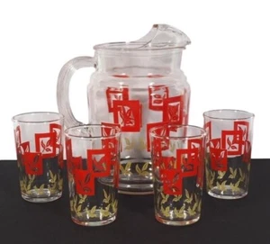 Federal Glass Co Set Juice Pitcher and Glasses Art Deco Red Yellow Mid Century - Picture 1 of 12