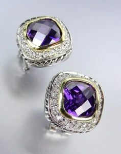 GORGEOUS Purple Amethyst Crystal Square Silver Cable Gold Omega Latch Earrings - Picture 1 of 3