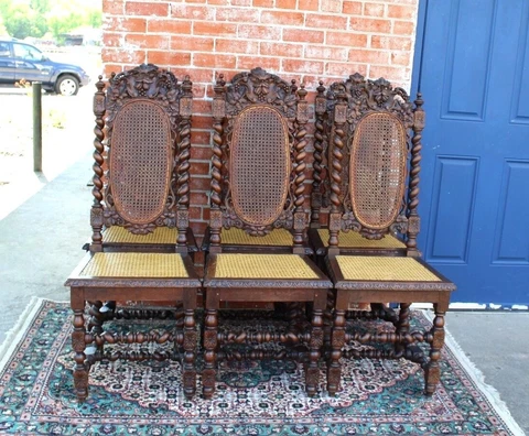 Set of 6 French Antique Louis XII Dark Oak Caning Dining Room Chairs Cover
