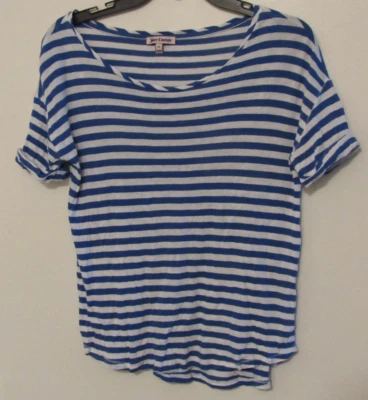 Juicy Couture Linen Blend Women's Top Medium Blue/White Striped Cuffed Sleeves - Image 1 of 4