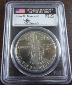 1992-D Columbus Unc Silver Dollar PCGS MS 70 BU John Mercanti Signed - Picture 1 of 4