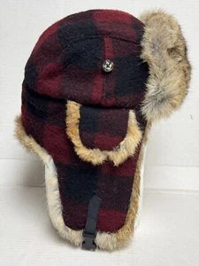 Mad Bomber Trapper Hat NEW Unisex Size Medium Red Plaid Wool Genuine Rabbit Fur - Picture 1 of 10