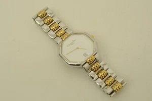 Authentic Christian Dior Watch 19mm Octagon Date White SP GP Stripe Wristwatch - Picture 1 of 15
