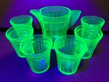 Antique Akro Agate Toy Water Pitcher AND 6 Tumblers Uranium Glass Children's Set