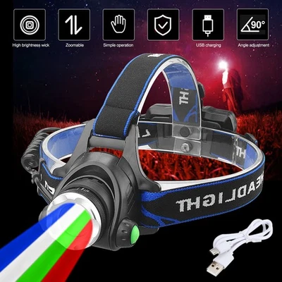 Weiß/Rot/Grün/Blau Licht LED USB Aufladbar Jagd Kopflampe Stirnlampe 4 Modes Kit - Bild 1 von 4