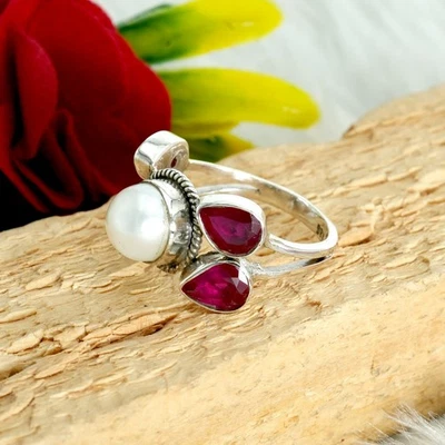 Anillo de plata de ley 925 con rubí natural y perlas anillo de joyería de piedras preciosas de boda Foto 1 de 4