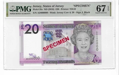 JERSEY, 20 POUNDS 2010, SPECIMEN, PICK 35s, PMG 67 EPQ Foto 1 de 2