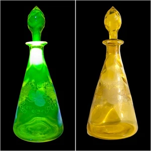 Antike Thomas Webb Kunst geätztes Glas Weinblatt Wein Dekanter Uran Vaseline - Bild 1 von 24