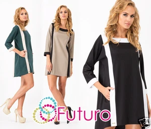 Damen Mini Etuikleid mit Taschen U-Boot-Ausschnitt gestreift Tunika Größen 8-12 FA347 - Bild 1 von 12